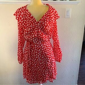 NWT Free People Red & White Frenchie Leopard Print, Long Sleeve Wrap Dress